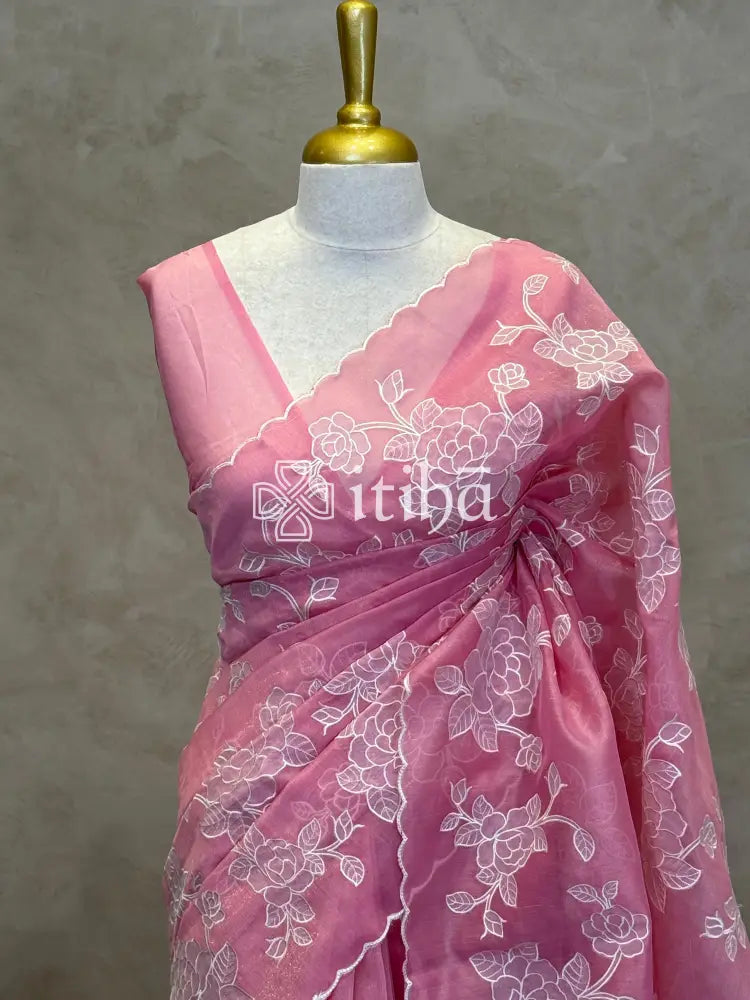 TISSUE CHANDERI APPLIQUE EMBROIDERY SAREE