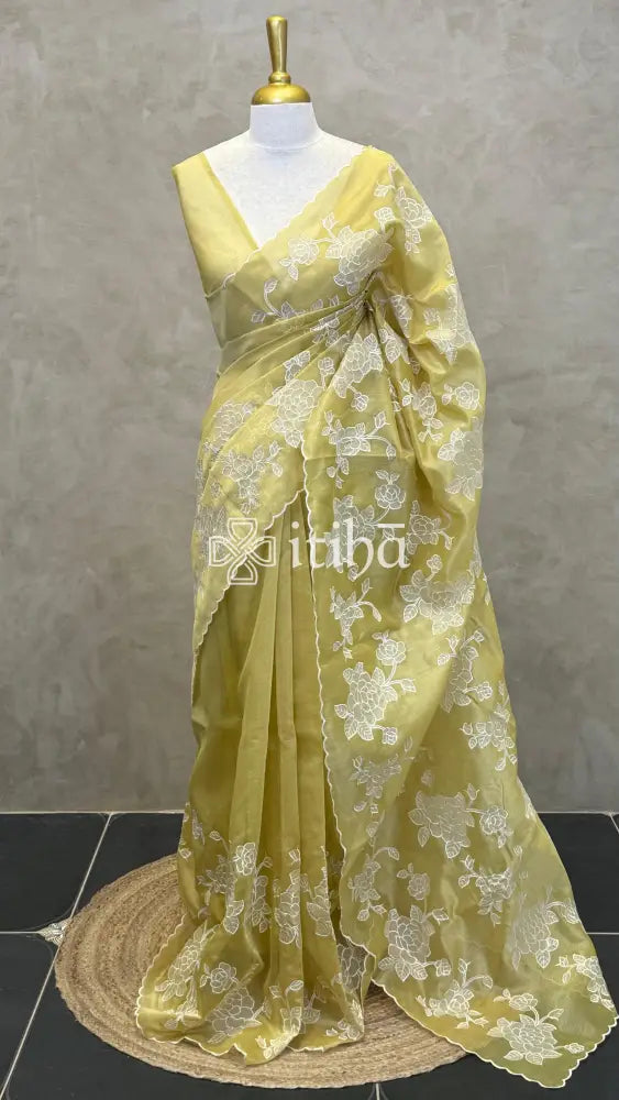 TISSUE CHANDERI APPLIQUE EMBROIDERY SAREE - lemon yellow