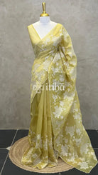 TISSUE CHANDERI APPLIQUE EMBROIDERY SAREE - lemon yellow