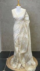 TISSUE CHANDERI APPLIQUE EMBROIDERY SAREE - LIGHT BEIGE