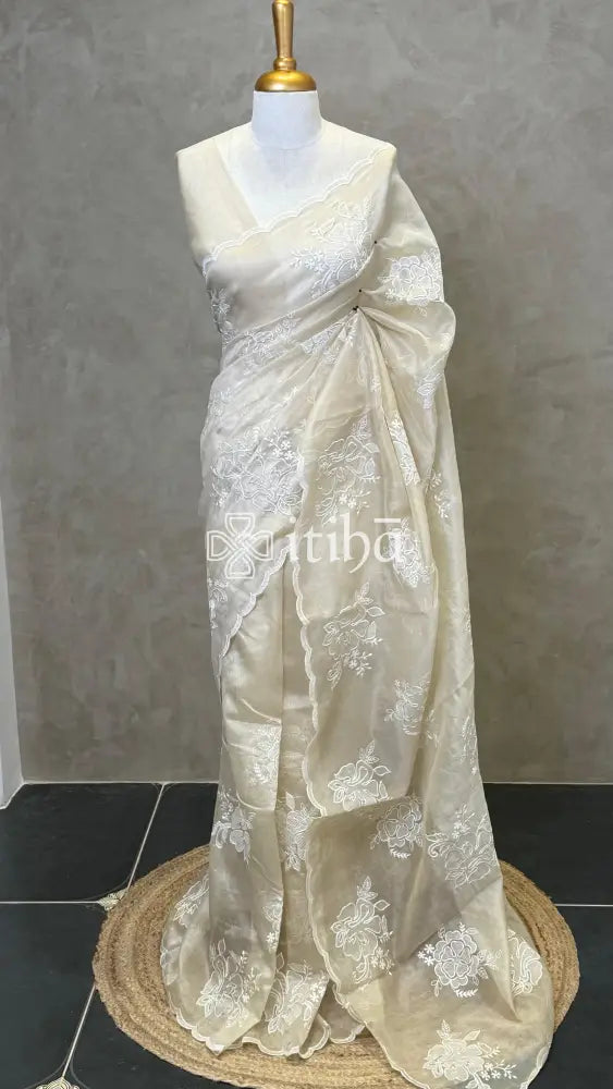 TISSUE CHANDERI APPLIQUE EMBROIDERY SAREE - LIGHT BEIGE