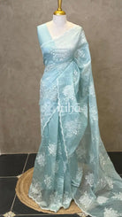 TISSUE CHANDERI APPLIQUE EMBROIDERY SAREE - LIGHT BLUE