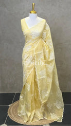 TISSUE CHANDERI APPLIQUE EMBROIDERY SAREE - LIGHT YELLOW
