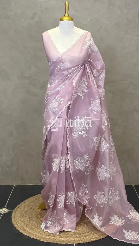 TISSUE CHANDERI APPLIQUE EMBROIDERY SAREE - PASTEL LAVENDER