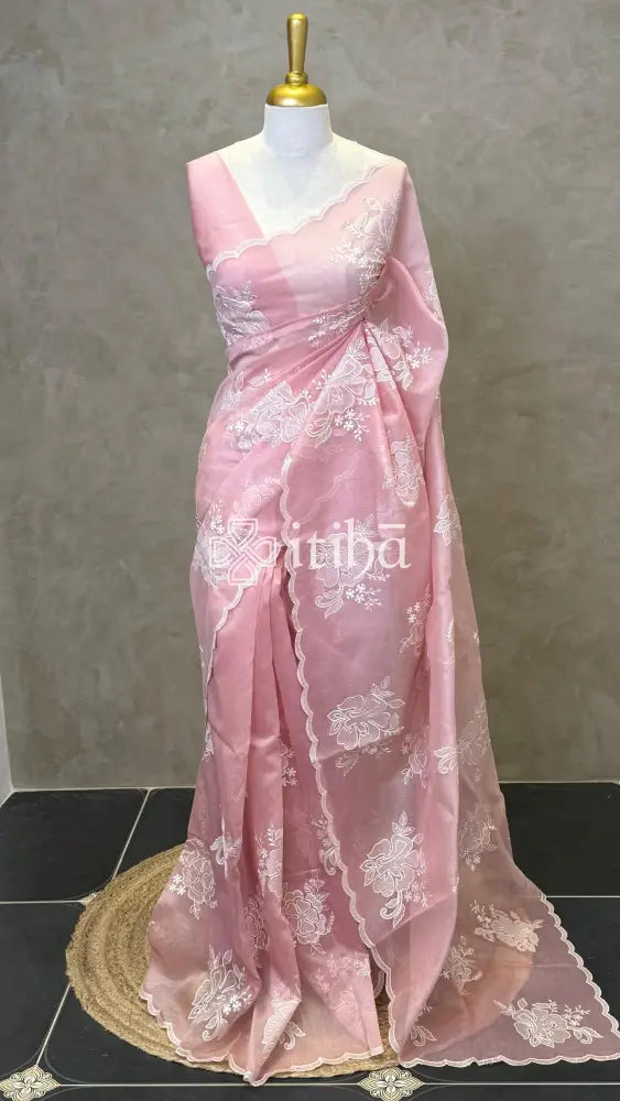 TISSUE CHANDERI APPLIQUE EMBROIDERY SAREE - Pink