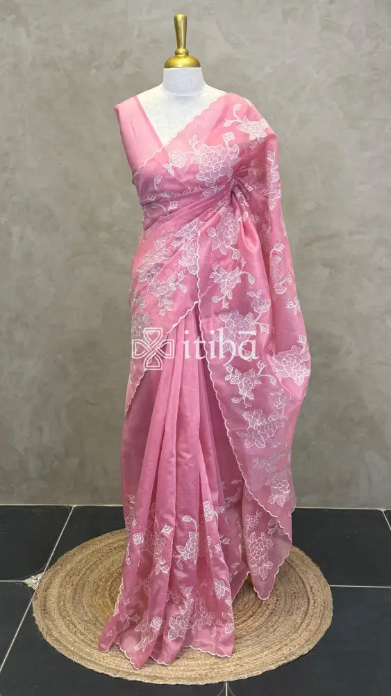 TISSUE CHANDERI APPLIQUE EMBROIDERY SAREE - Pink