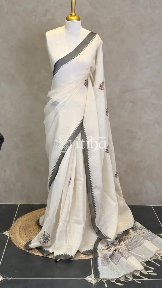 TISSUE LINEN EMBROIDERY SAREE