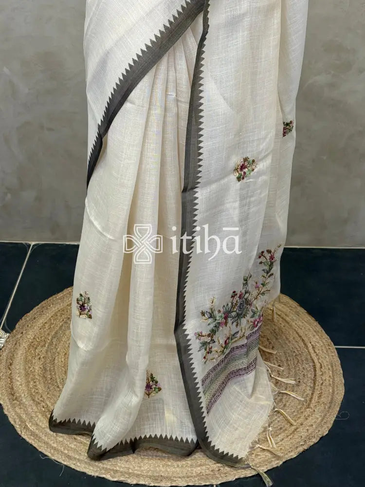 TISSUE LINEN EMBROIDERY SAREE