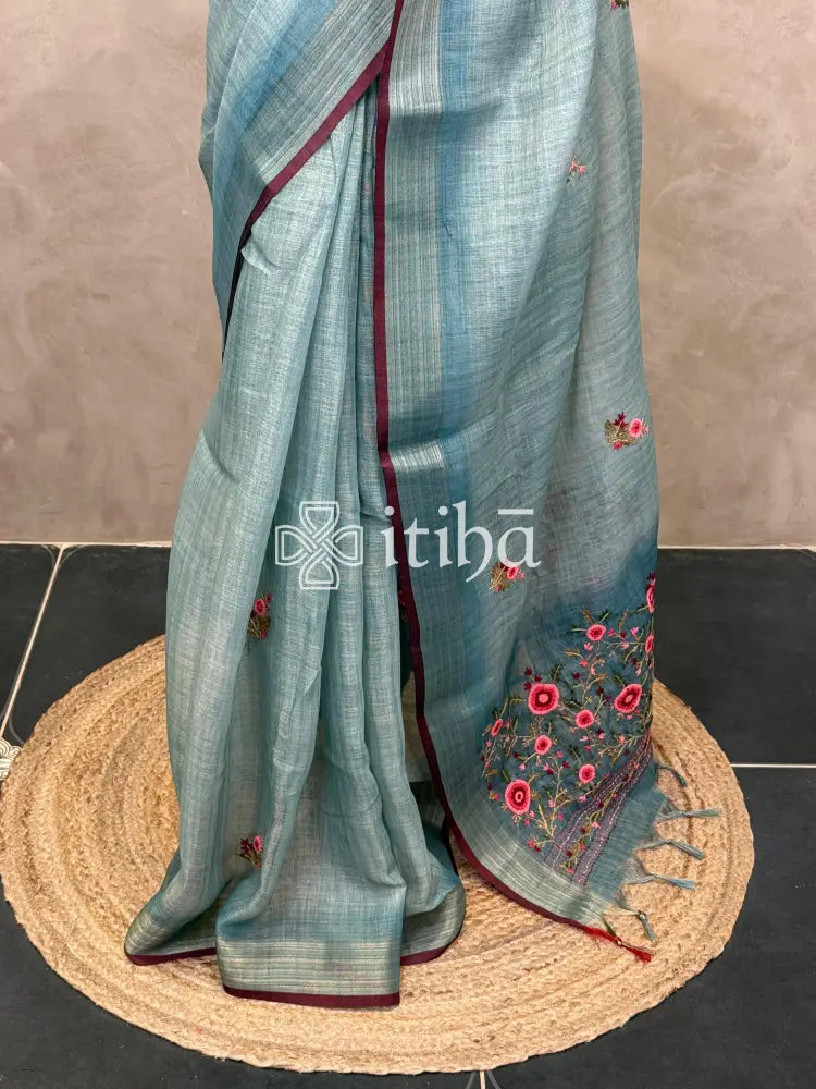 TISSUE LINEN EMBROIDERY SAREE