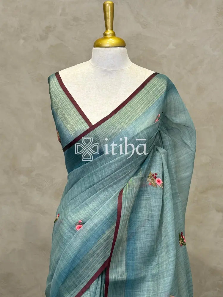 TISSUE LINEN EMBROIDERY SAREE