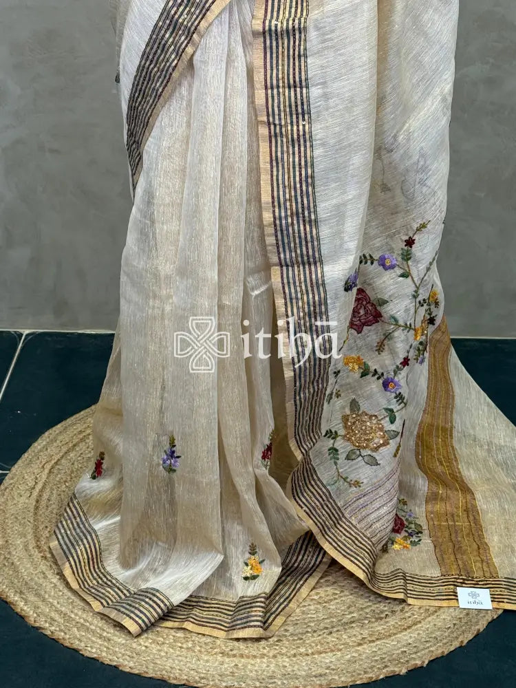 TISSUE LINEN EMBROIDERY SAREE
