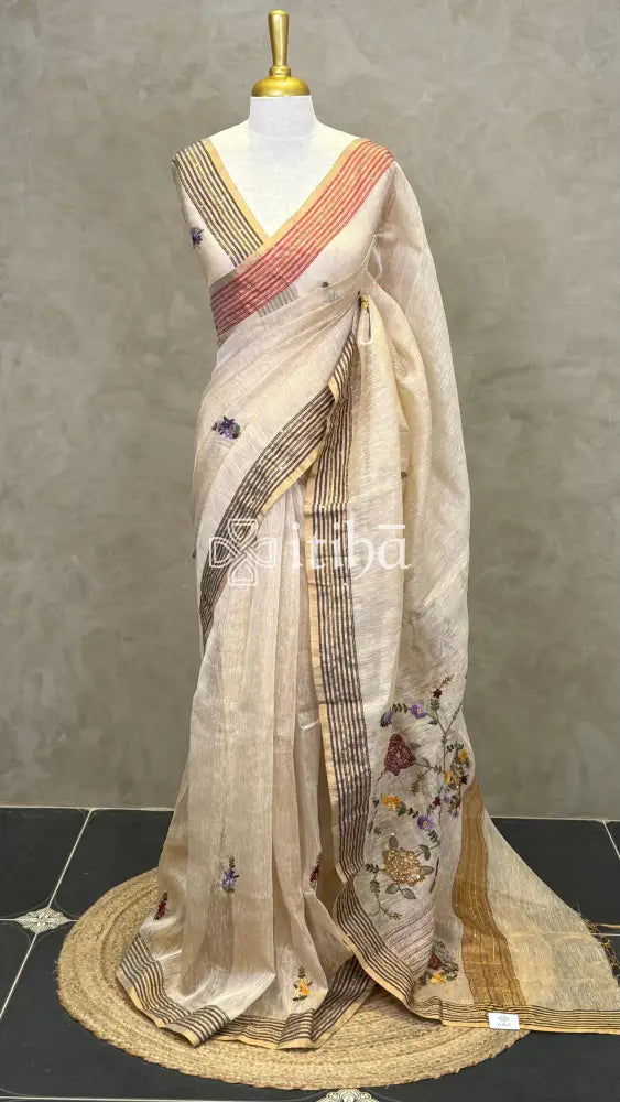 TISSUE LINEN EMBROIDERY SAREE - Beige