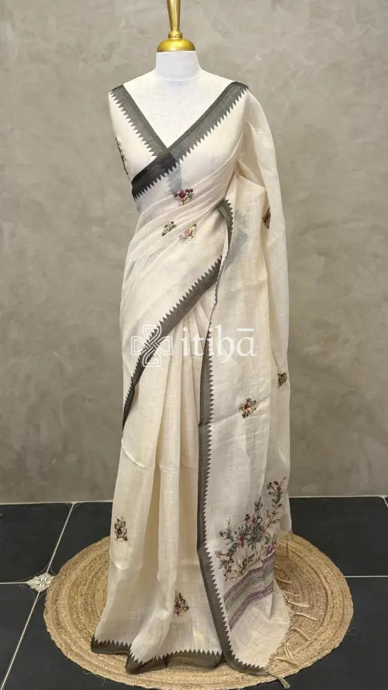 TISSUE LINEN EMBROIDERY SAREE - Black