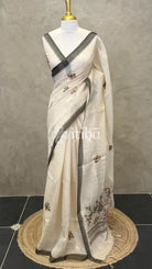 TISSUE LINEN EMBROIDERY SAREE - Black