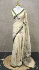 TISSUE LINEN EMBROIDERY SAREE - Green