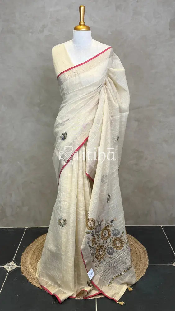 TISSUE LINEN EMBROIDERY SAREE - Grey