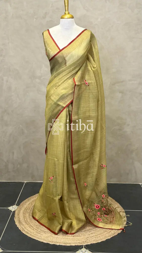 TISSUE LINEN EMBROIDERY SAREE - olive green