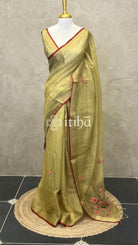 TISSUE LINEN EMBROIDERY SAREE - olive green