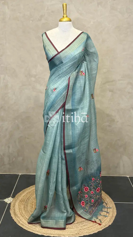 TISSUE LINEN EMBROIDERY SAREE - PEACOCK BLUE