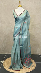 TISSUE LINEN EMBROIDERY SAREE - PEACOCK BLUE