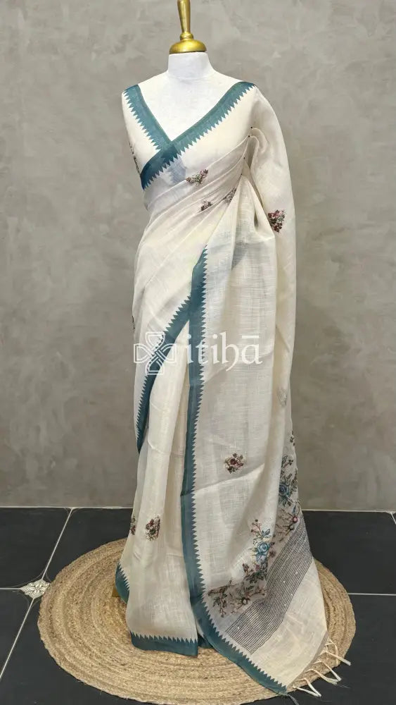 TISSUE LINEN EMBROIDERY SAREE - PEACOCK BLUE