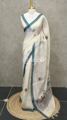 TISSUE LINEN EMBROIDERY SAREE - PEACOCK BLUE