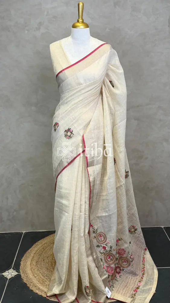 TISSUE LINEN EMBROIDERY SAREE - Pink