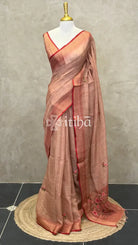 TISSUE LINEN EMBROIDERY SAREE - Red
