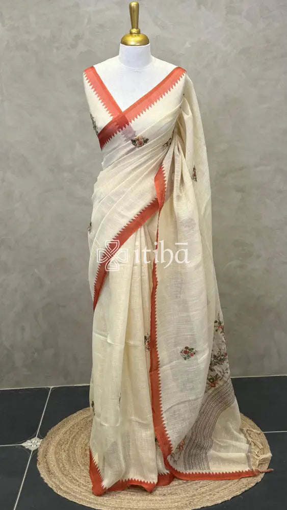 TISSUE LINEN EMBROIDERY SAREE - RUST ORANGE