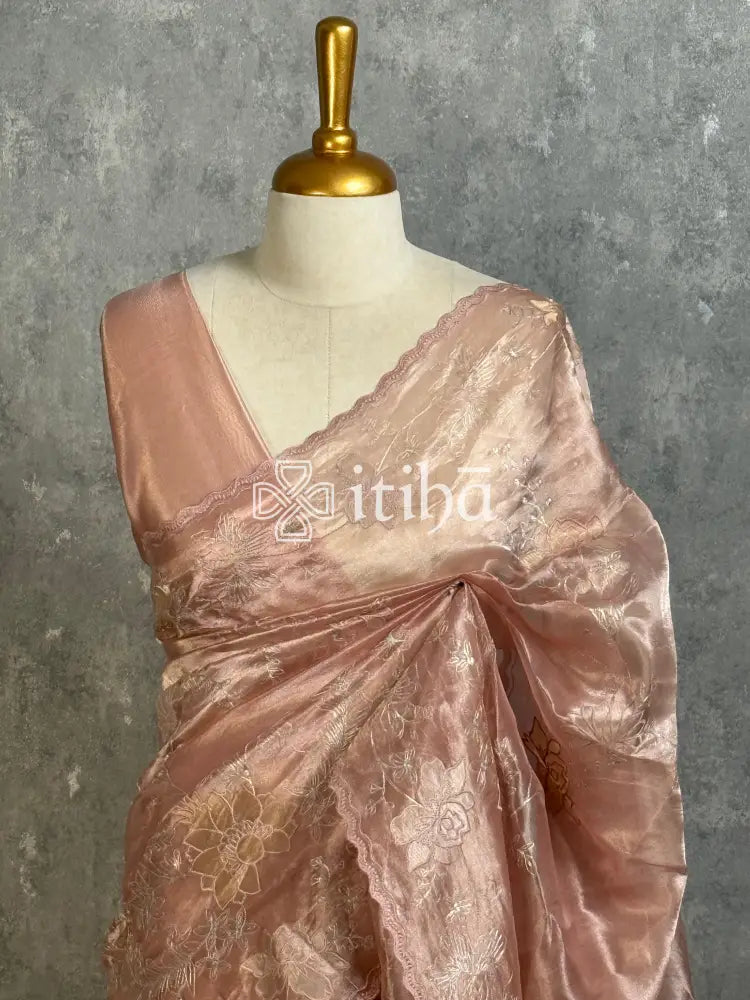 TISSUE ORGANZA APPLIQUE EMBROIDERY SAREE - DUSTY BLUSH PINK