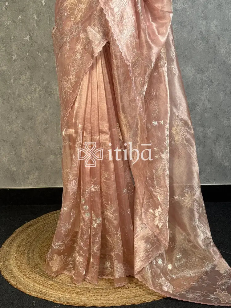 TISSUE ORGANZA APPLIQUE EMBROIDERY SAREE - DUSTY BLUSH PINK