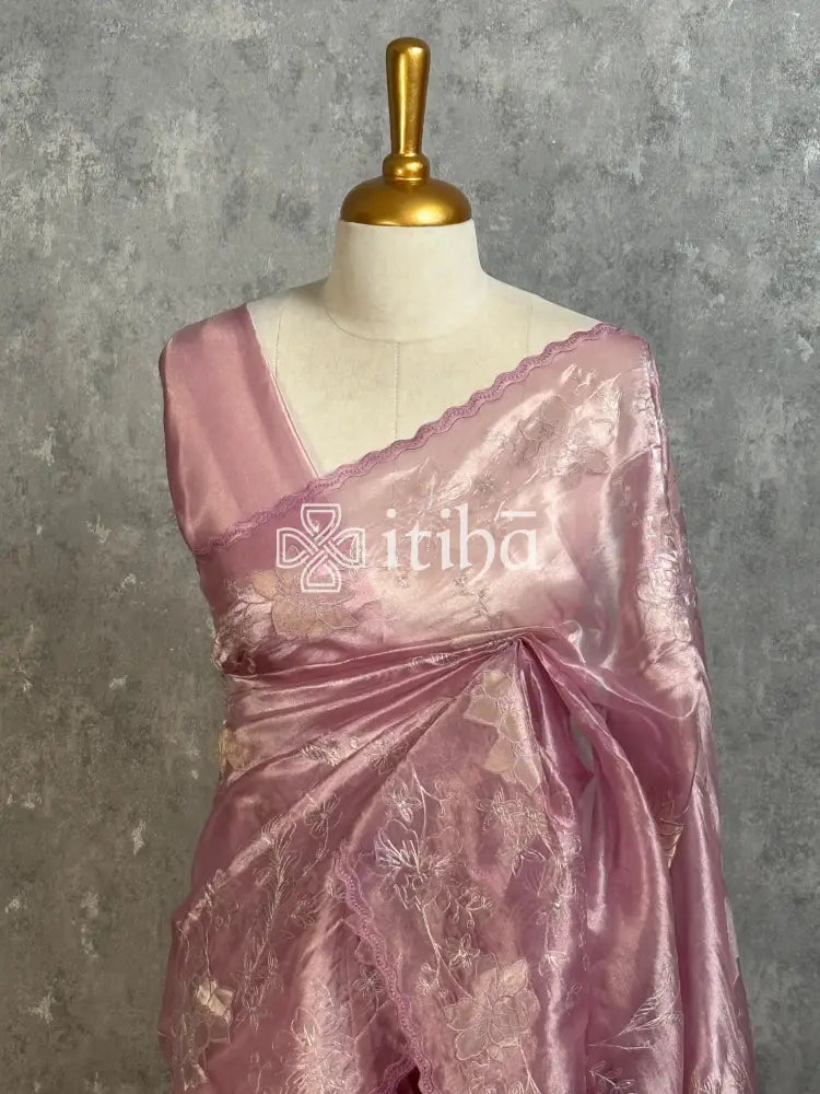 TISSUE ORGANZA APPLIQUE EMBROIDERY SAREE - DUSTY MAUVE PINK