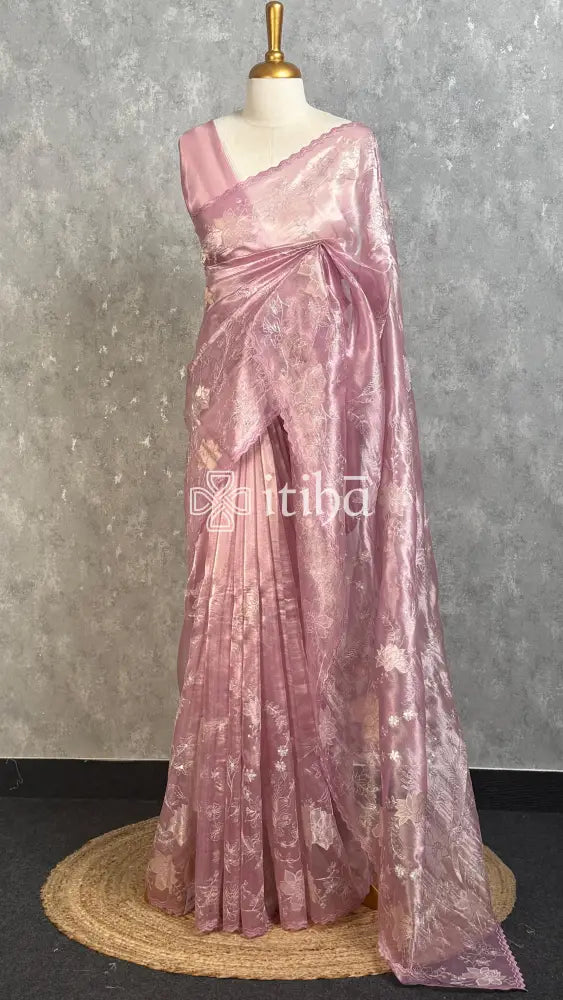 TISSUE ORGANZA APPLIQUE EMBROIDERY SAREE - DUSTY MAUVE PINK