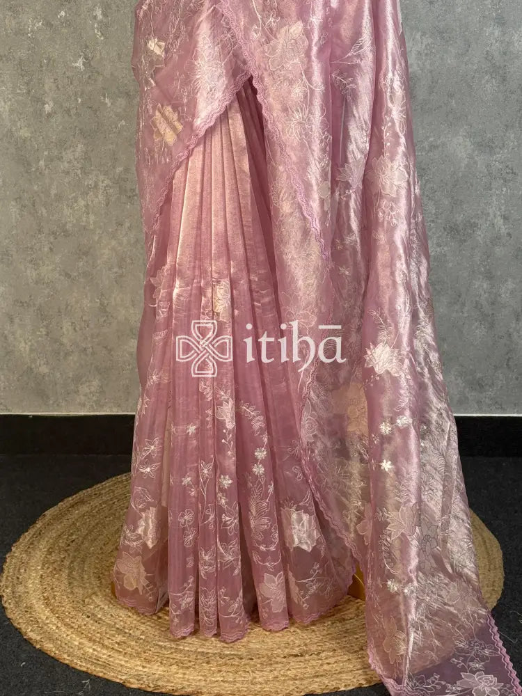 TISSUE ORGANZA APPLIQUE EMBROIDERY SAREE - DUSTY MAUVE PINK