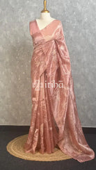 TISSUE ORGANZA APPLIQUE EMBROIDERY SAREE - Dusty peach