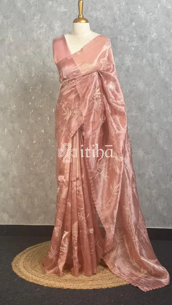 TISSUE ORGANZA APPLIQUE EMBROIDERY SAREE - Dusty peach