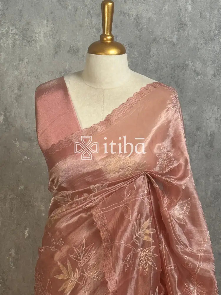 TISSUE ORGANZA APPLIQUE EMBROIDERY SAREE - Dusty peach