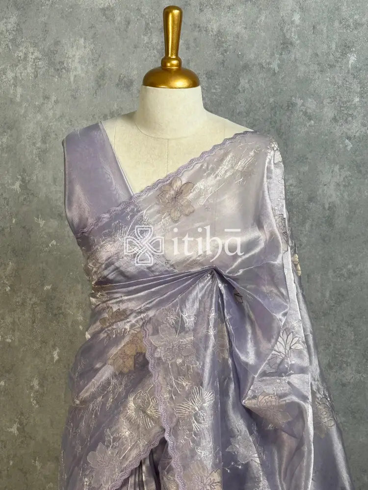 TISSUE ORGANZA APPLIQUE EMBROIDERY SAREE - PASTEL LAVENDER