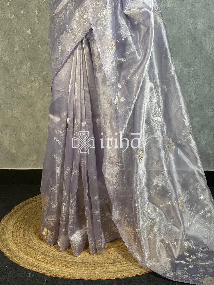 TISSUE ORGANZA APPLIQUE EMBROIDERY SAREE - PASTEL LAVENDER