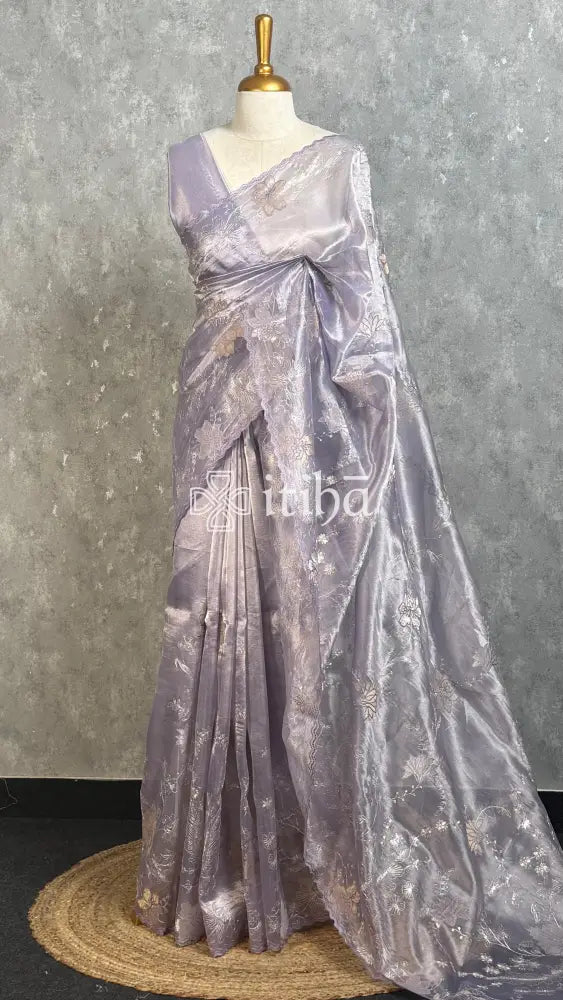 TISSUE ORGANZA APPLIQUE EMBROIDERY SAREE - PASTEL LAVENDER