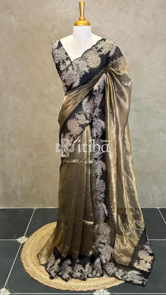 TISSUE ORGANZA FLORAL APPLIQUE EMBROIDERY SAREE