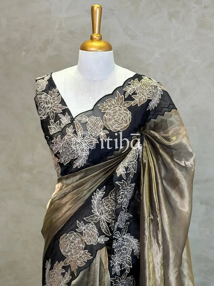 TISSUE ORGANZA FLORAL APPLIQUE EMBROIDERY SAREE