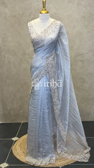 TISSUE ORGANZA HANDWORK SAREE - PASTEL BLUE