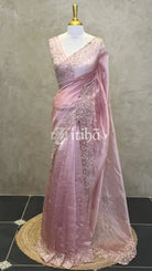 TISSUE ORGANZA HANDWORK SAREE - PASTEL PINK