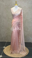 TISSUE ORGANZA HANDWORK SAREE - PEACH