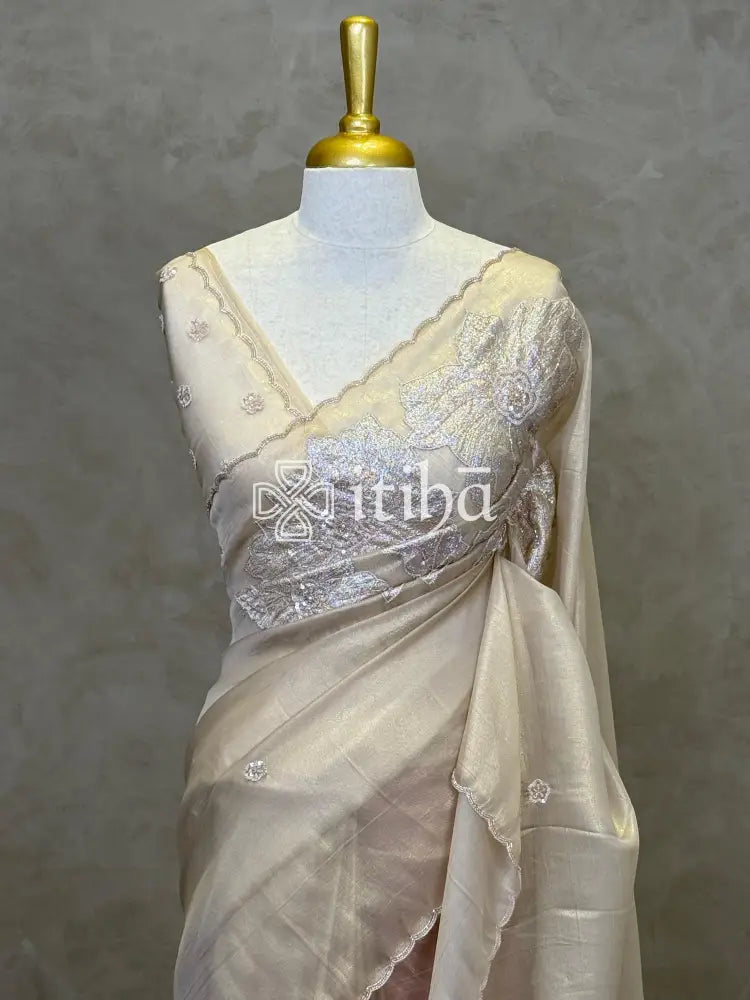 TURKISH APPLIQUE EMBROIDERY SAREE - Beige
