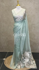 TURKISH APPLIQUE EMBROIDERY SAREE - PASTEL AQUA GREEN
