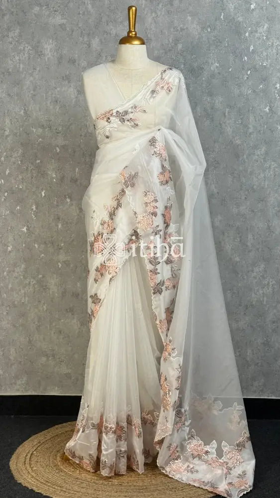 TURKISH ORGANZA APPLIQUE EMBROIDERY SAREE