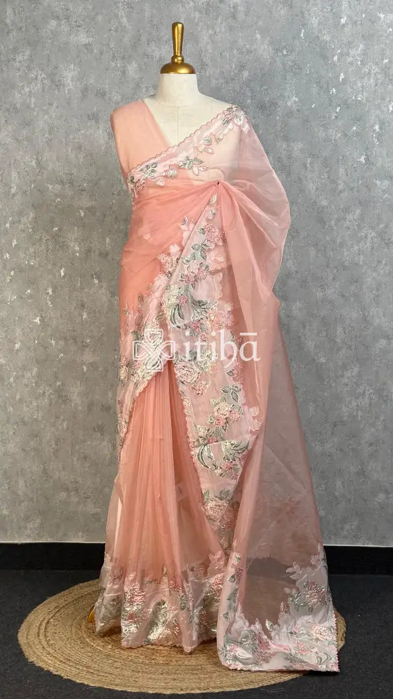TURKISH ORGANZA APPLIQUE EMBROIDERY SAREE