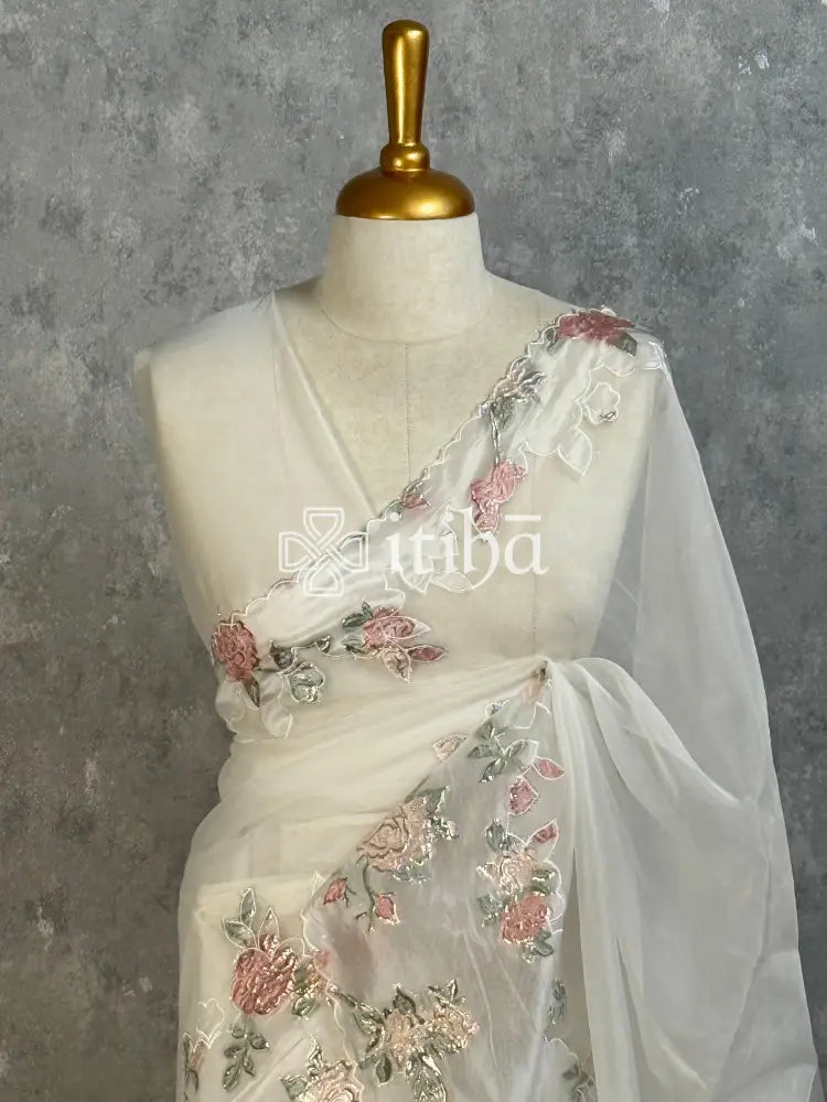 TURKISH ORGANZA APPLIQUE EMBROIDERY SAREE